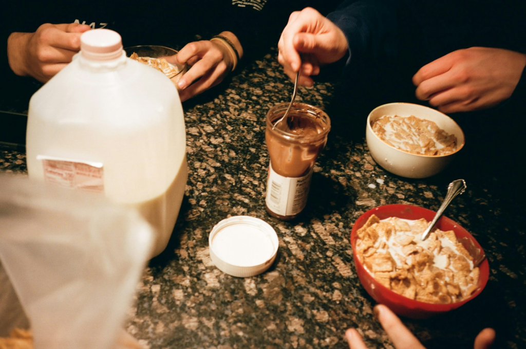 Group enjoying a milk-based breakfast